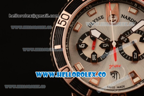 Ulysse Nardin Maxi Marine Diver Chronograph Miyota OS20 Quartz Rose Gold Case with Silver Dial White Markers and Brown Rubber Strap - Click Image to Close